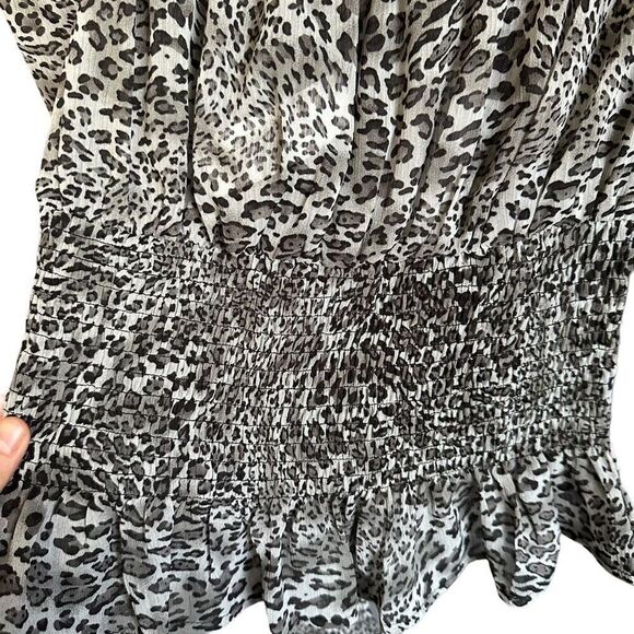 HYFVE Leopard Print Puff Sleeve Smocked Ruffle Peplum Hem Blouse - Picture 4 of 12